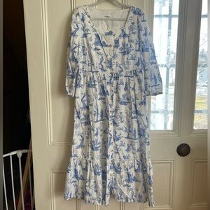Meadows Ixora Tarot Blue White Toile Printed Button Maxi Dress Size US 10